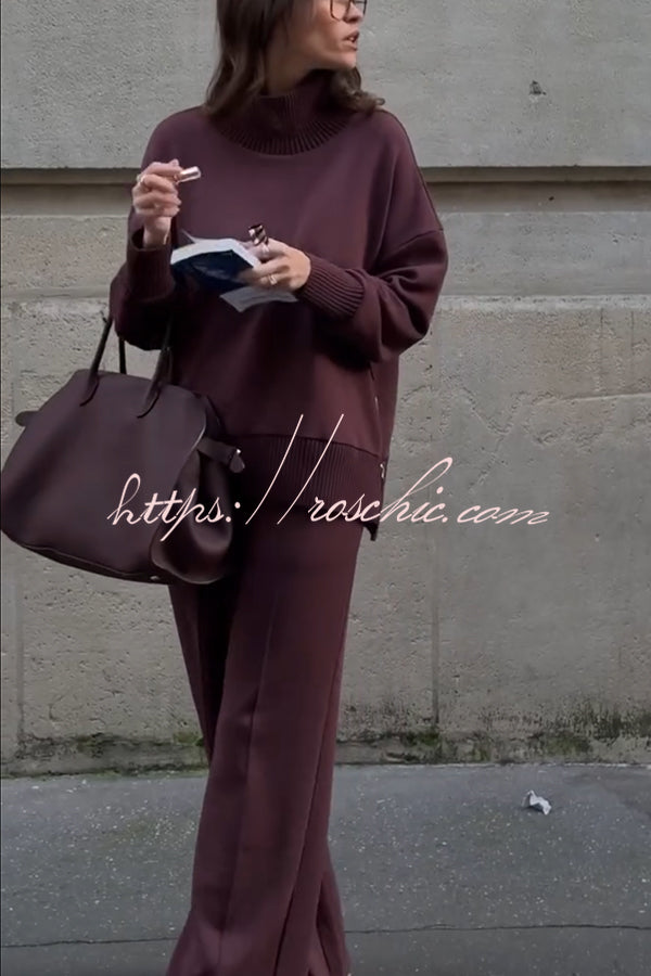 Double Soft Turtleneck  Sweatshirt and Elastic Waist Pants Set